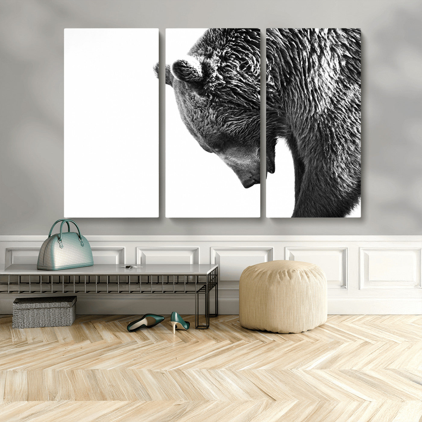 MGV-CV-48X32-3P - Black and White Grizzly 399 Bear Canvas Print Wall Art | Large Wildlife Canvas Print for Living