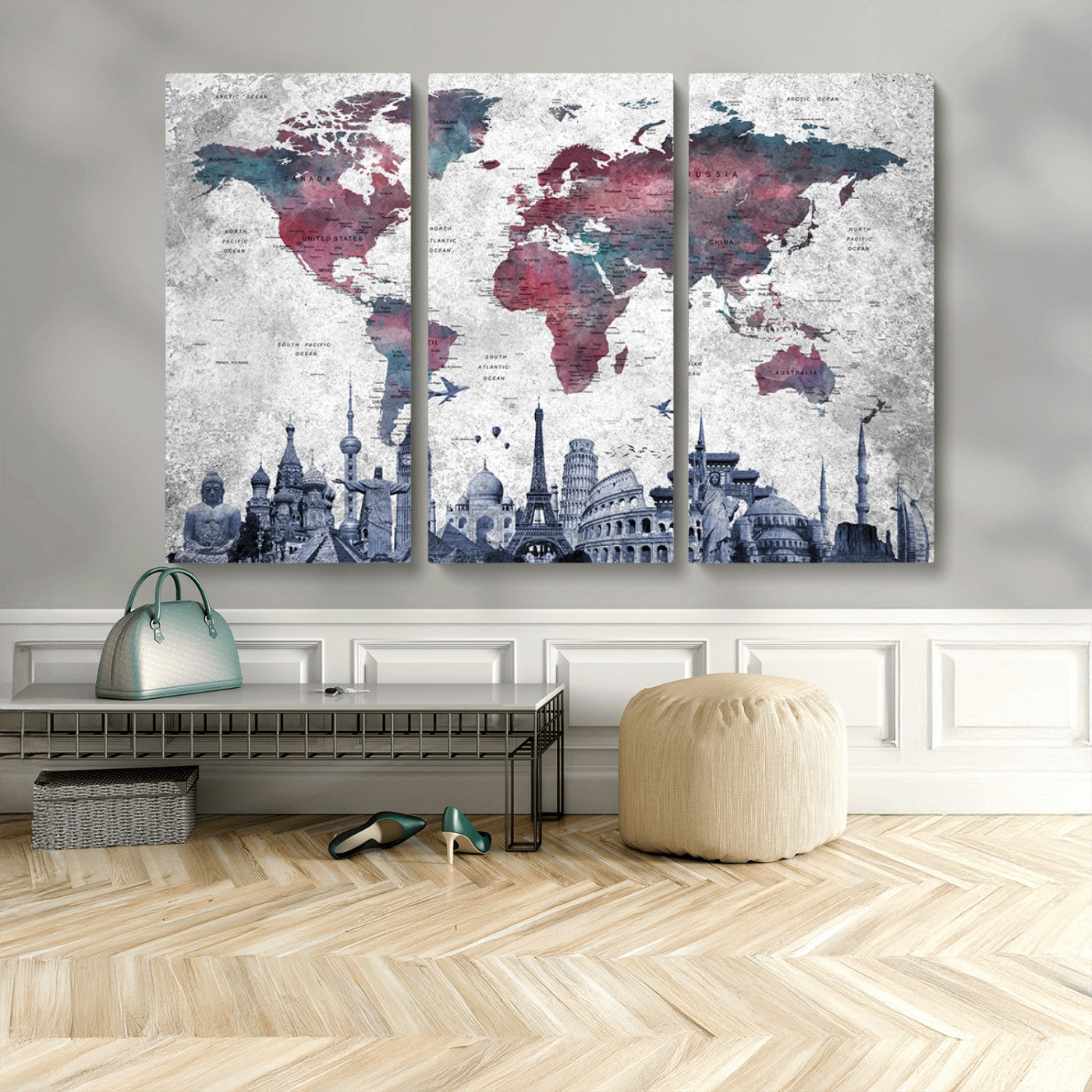 MGV-CV-48X32-3P - Push Pin World Map Canvas Print – Framed Wall Art for Couples to Track Their Travels – Anniversary