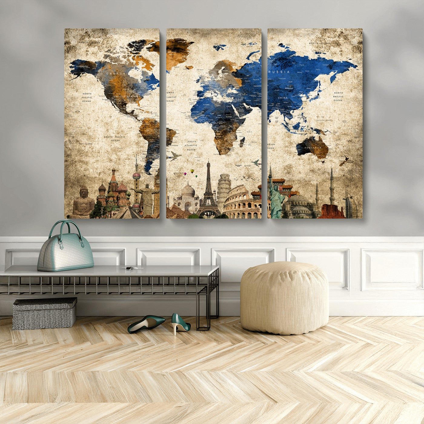 MGV-CV-48X32-3P - Push Pin World Map Canvas Print – Framed Wall Art for Couples to Track Their Travels – Anniversary