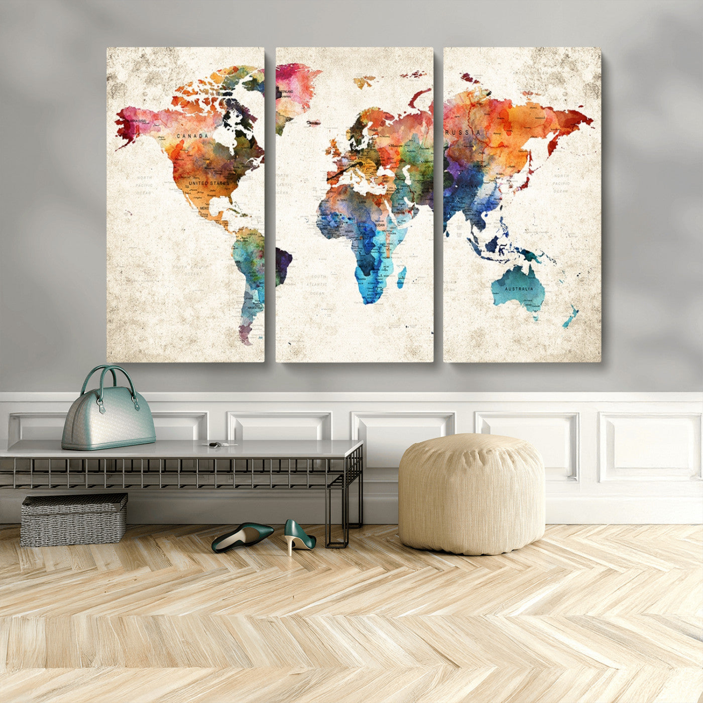 MGV-CV-48X32-3P - Push Pin World Map Canvas Print – Framed Wall Art for Couples to Track Their Travels – Anniversary
