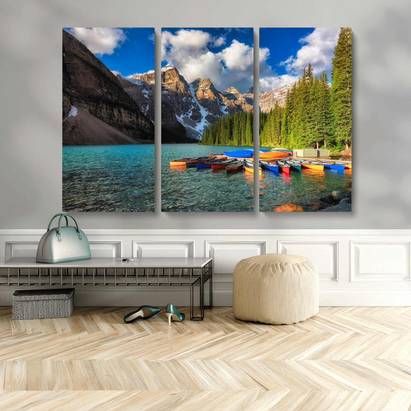 MGV-CV-48X32-3P - Moraine Lake 3-Panel Wall Art, Majestic Mountain and Lake Landscape Canvas Print Canoes on Moraine