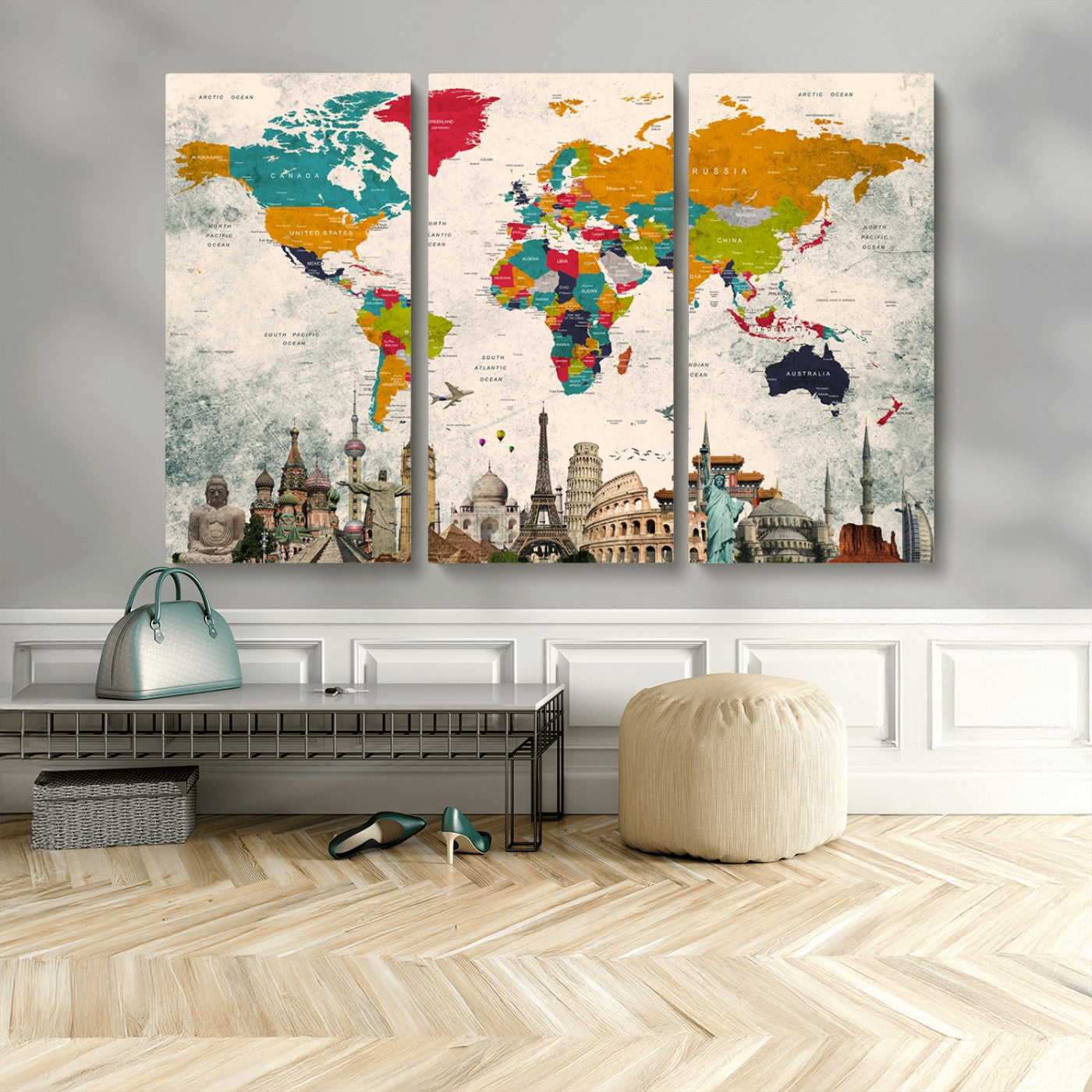 MGV-CV-48X32-3P - Push Pin World Map Canvas Print – Framed Wall Art for Couples to Track Their Travels – Anniversary