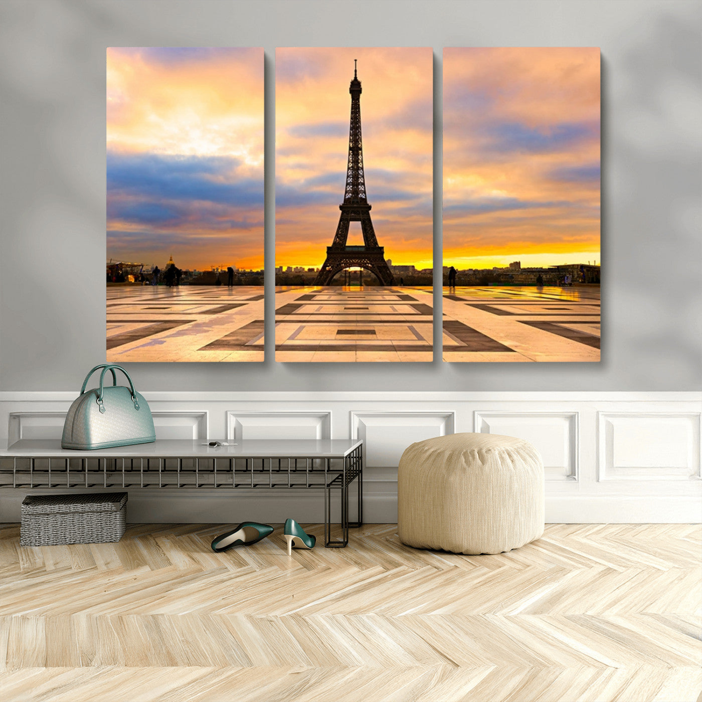 MGV-CV-48X32-3P - Paris Eiffel Tower Sunset Canvas Wall Art Print - Iconic Landmark Decor with Vibrant Colors
