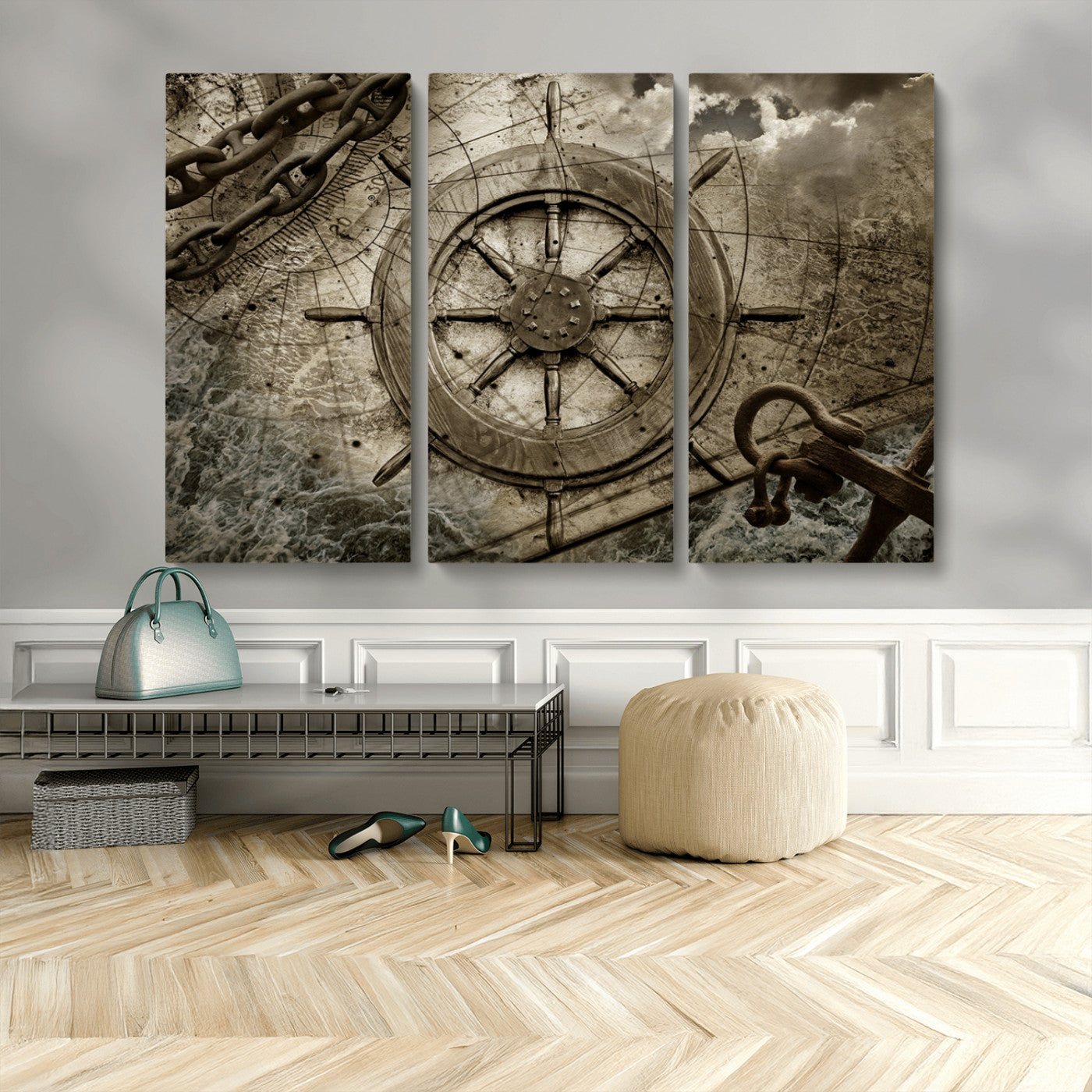 MGV-CV-48X32-3P - Wooden Ship Wheel Canvas Print, Multi Panel Canvas Wall Art Print