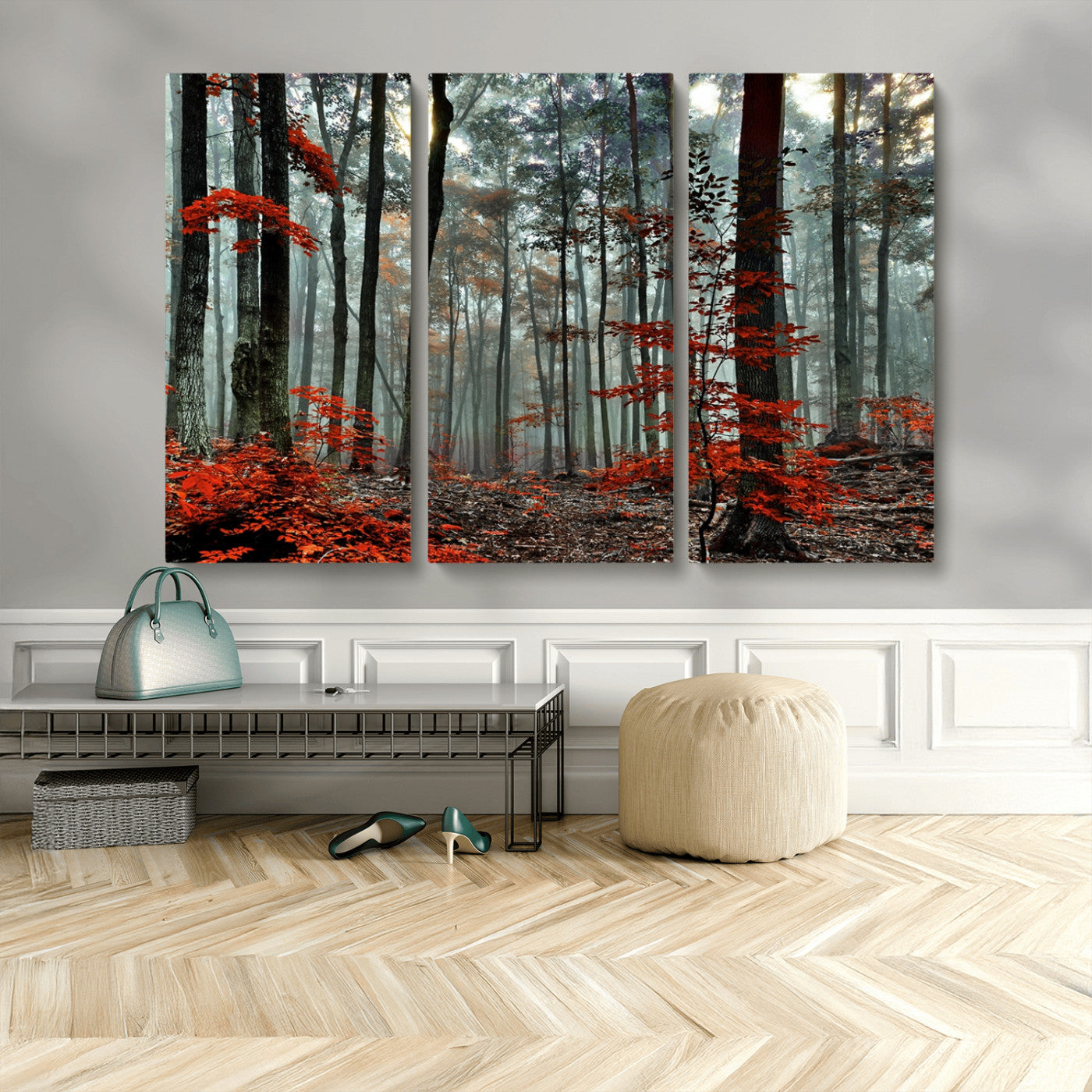 MGV-CV-48X32-3P - Autumn Forest Canvas Wall Art – Enchanting Red Leaves Triptych Print – Nature-Inspired Decor for