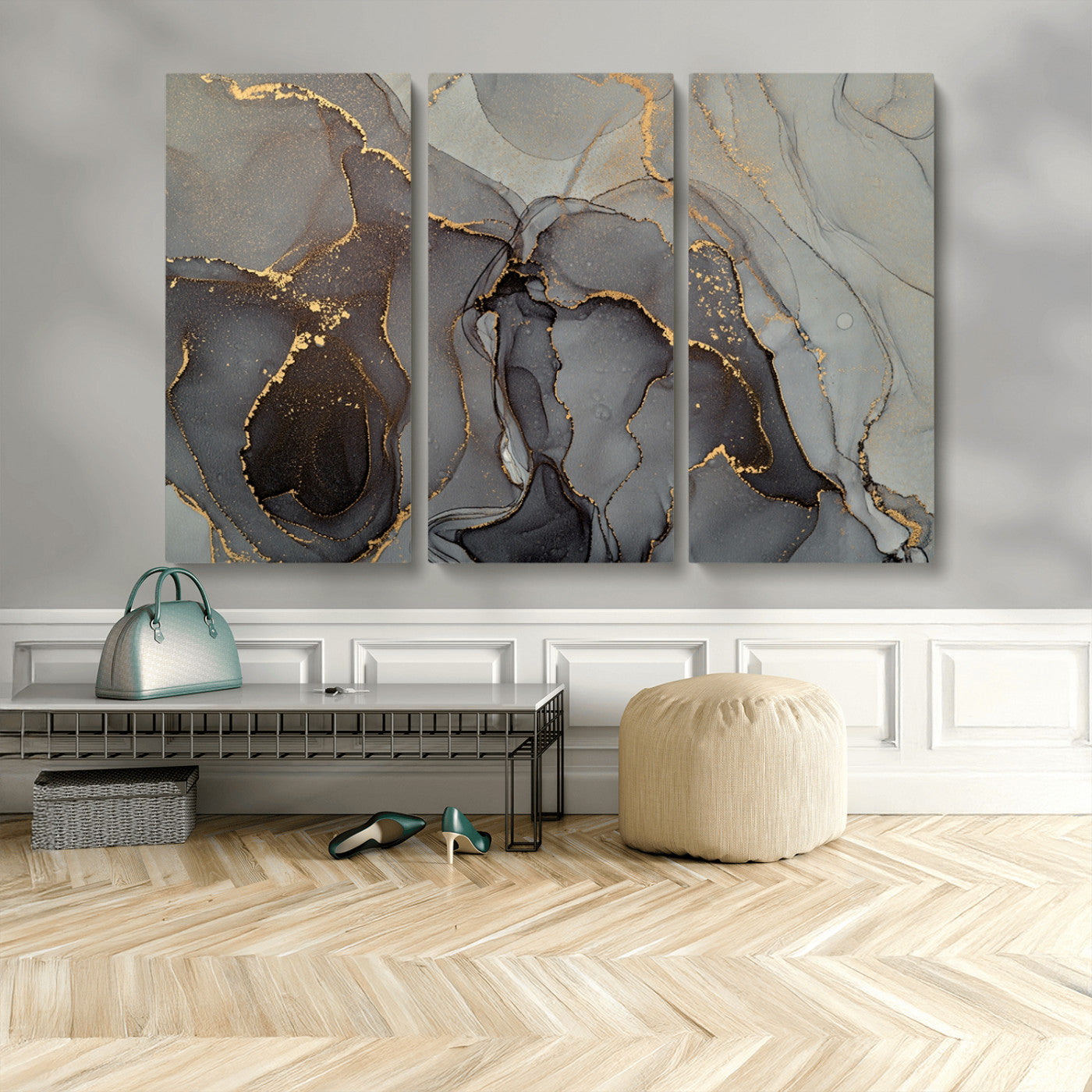 MGV-CV-48X32-3P - Gray Marble Fluid Effect Wall Art Abstract Canvas Wall Art Print