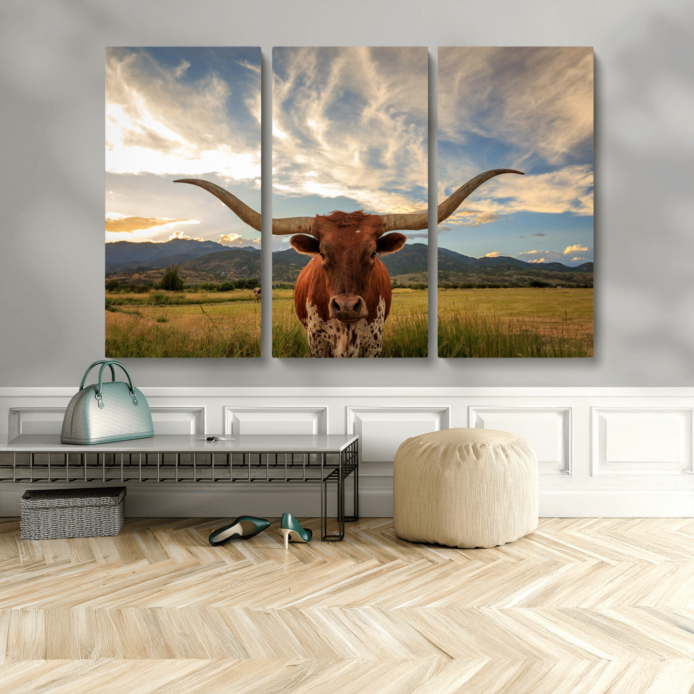 MGV-CV-48X32-3P - Texas Longhorn Canvas Wall Art – Majestic Triptych Animal Print – Rustic Western Decor for Living