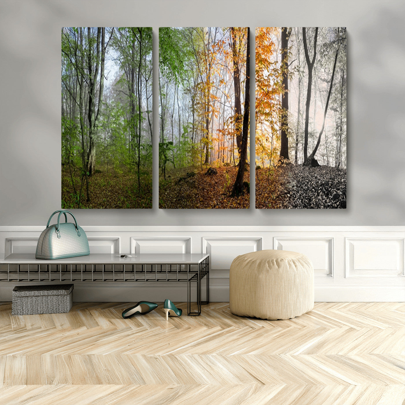MGV-CV-48X32-3P - Four Seasons Wall Art Forest Canvas Print – Triptych Seasonal Nature Print – Landscape Decor for