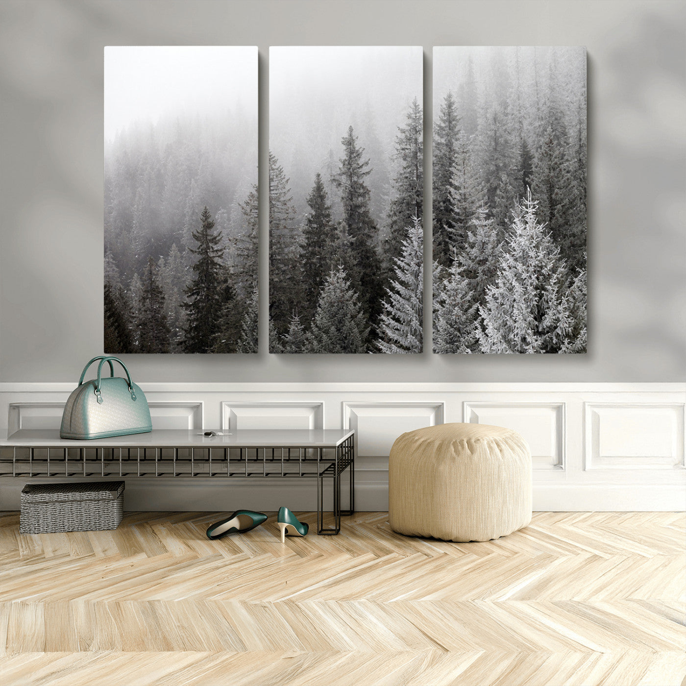 MGV-CV-48X32-3P - Big Foggy Forest and Misty Trees Forest Wall Art Canvas Print