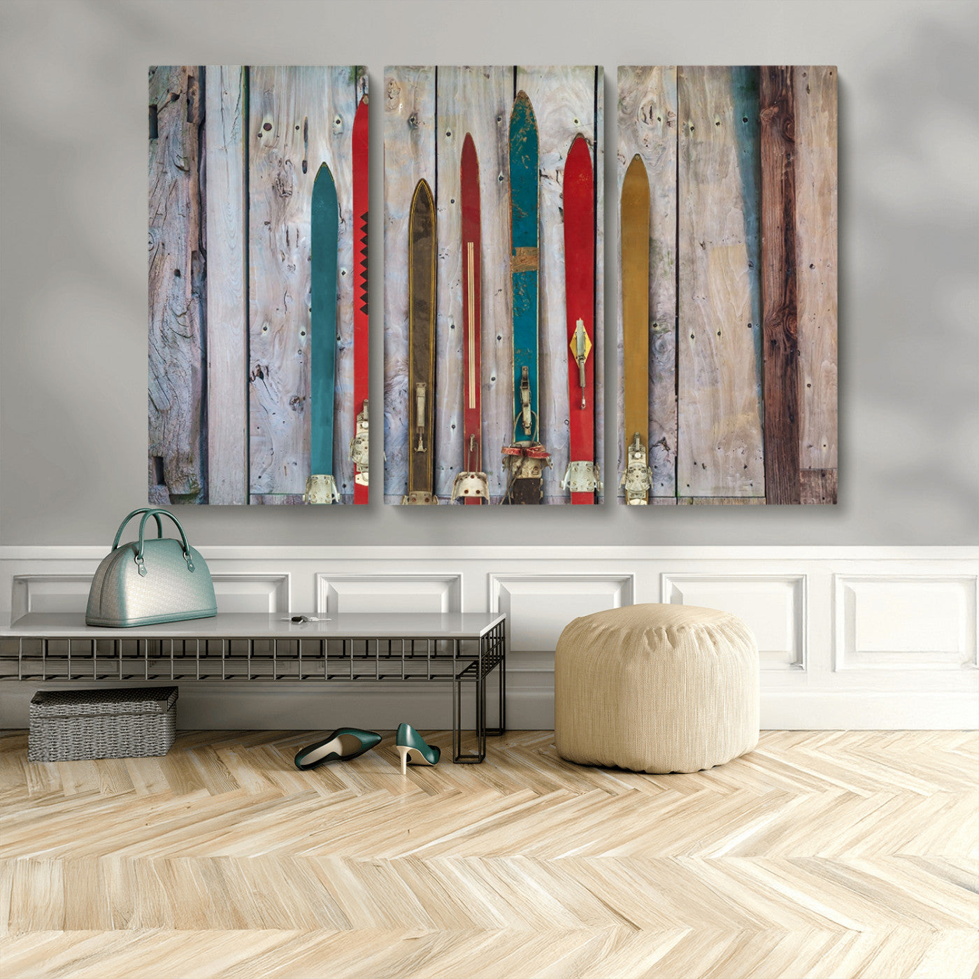 MGV-CV-48X32-3P - Vintage Wooden Weathered Ski's in Front of an Old Barn Wall Art Canvas Print for Farmhouse, Cabin