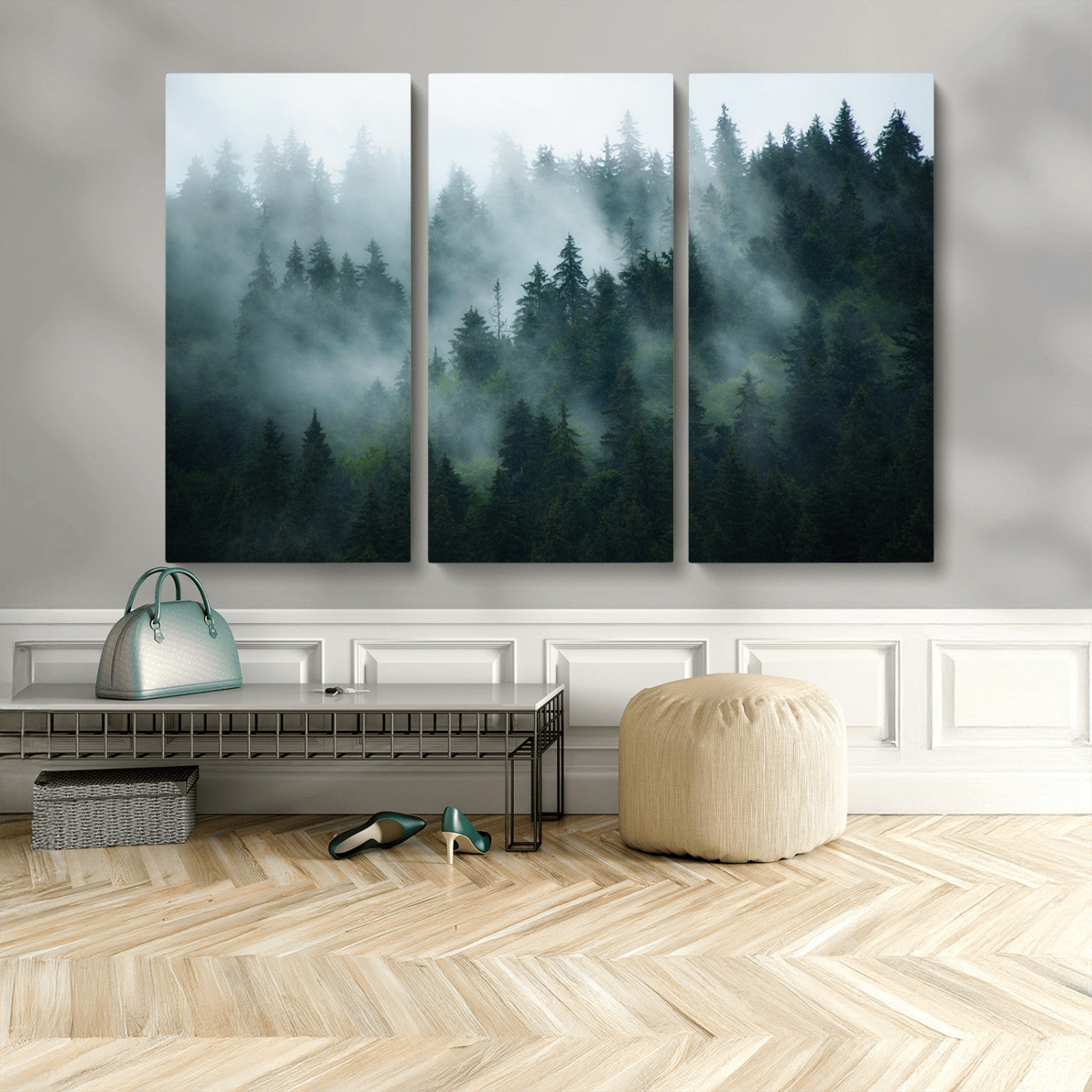 MGV-CV-48X32-3P - Foggy Forest 3-Panel Canvas Wall Art | Large Giclée Nature Scene Print for Living Room, Office, or