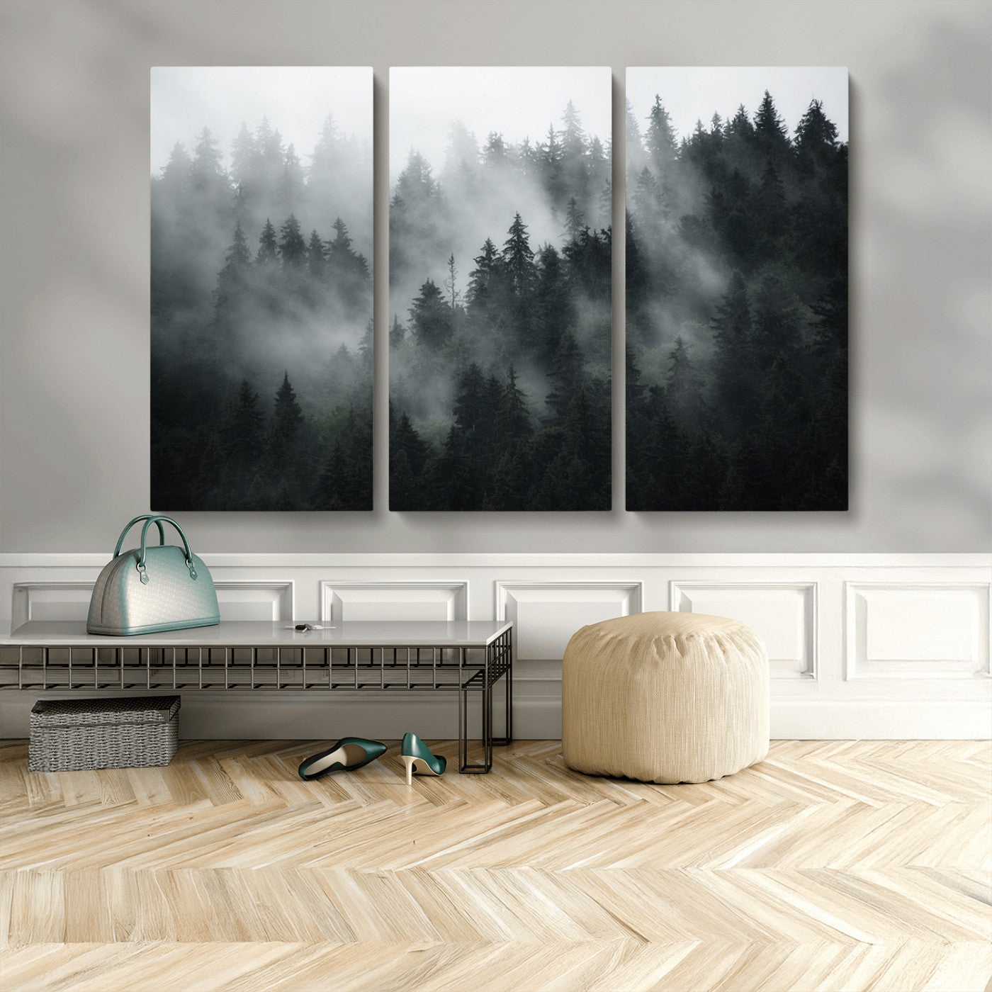 MGV-CV-48X32-3P - Foggy Forest Wall Art Canvas Print | 3 Panel Large Misty Landscape for Dining Room, Office, or
