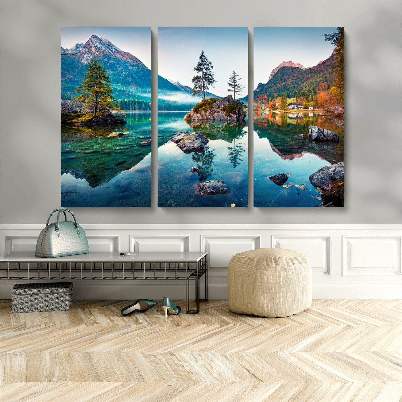 55009-MGV-CV-48X32-3P-Crystal Clear Lake Wall Art | Mountains Wall Art Canvas | 3 Panel Large Landscape Print for Dining