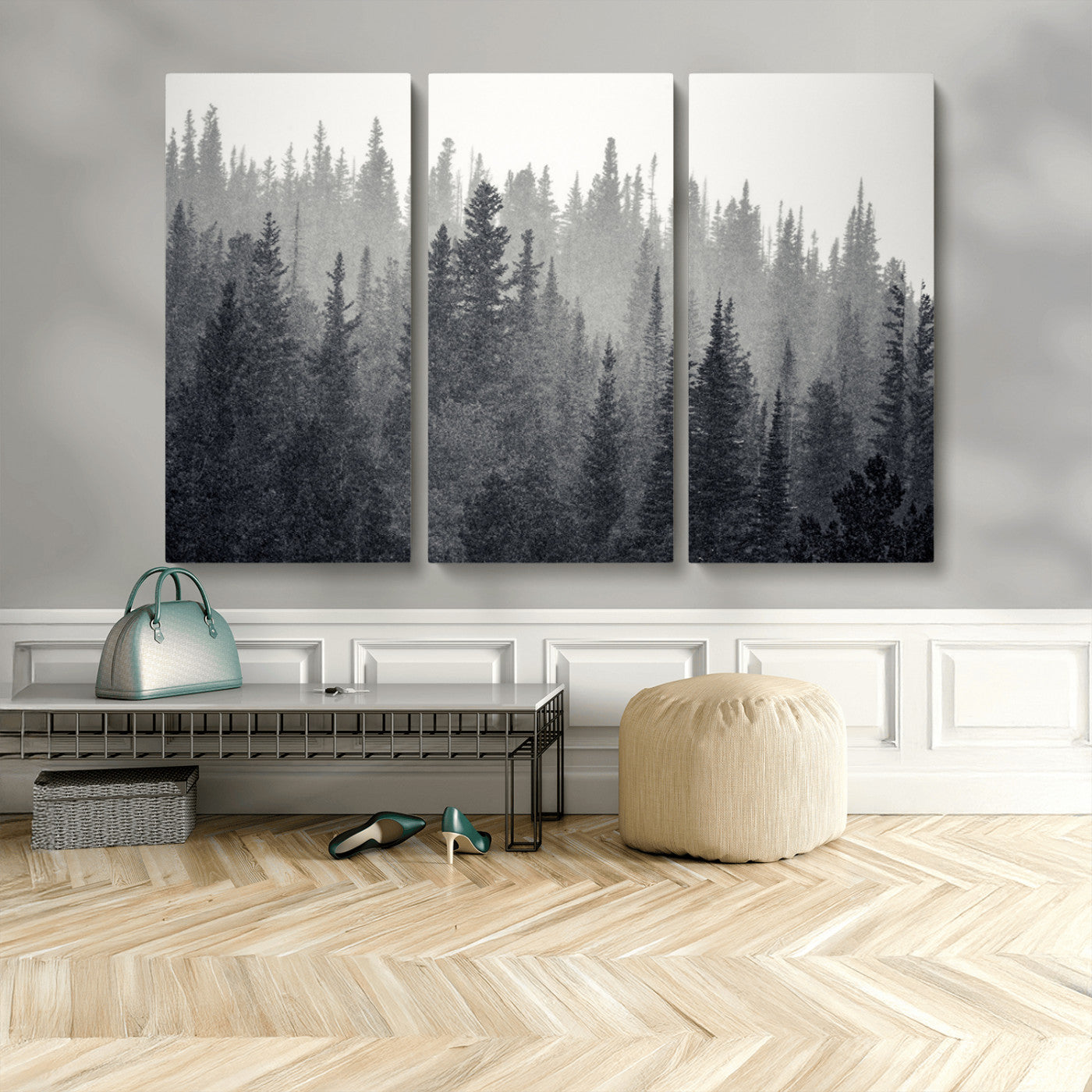 MGV-CV-48X32-3P - Misty Forest Canvas Wall Art – Monochrome Triptych Pine Tree Print – Nature-Inspired Home Decor –