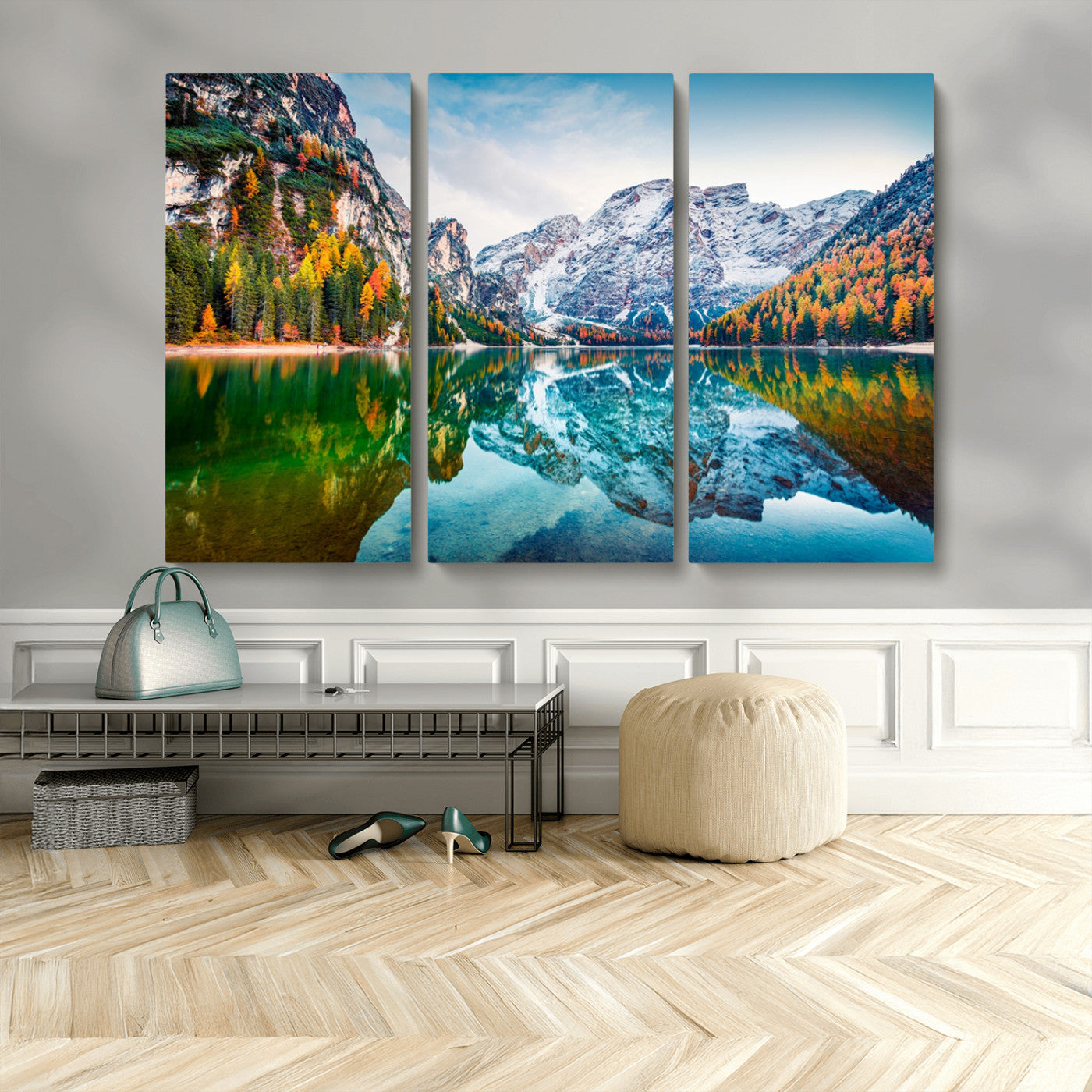 MGV-CV-48X32-3P - Spectacular autumn view of Braies Lake Wall Art Canvas Print