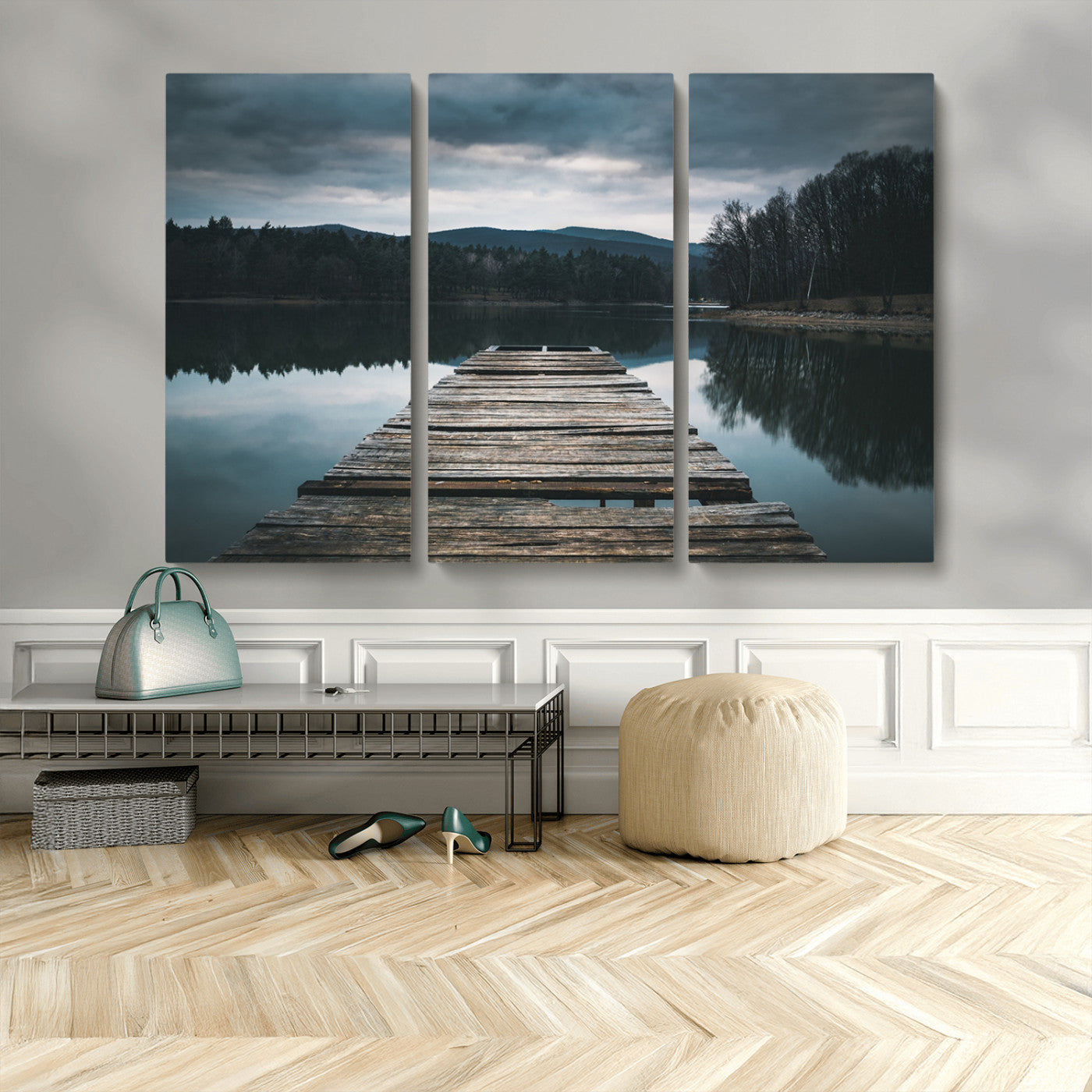 MGV-CV-48X32-3P - Wooden Bridge Near Lake Wall Art Canvas Print