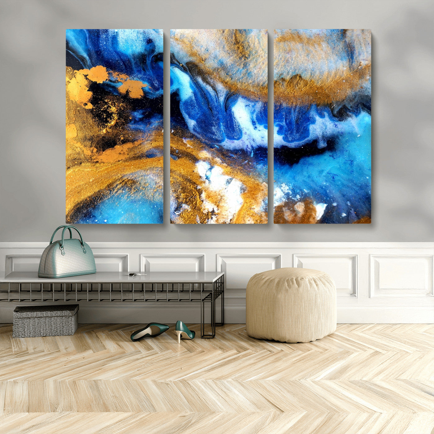 MGV-CV-48X32-3P - Blue Orange Marble Fluid Effect Canvas Wall Art Print
