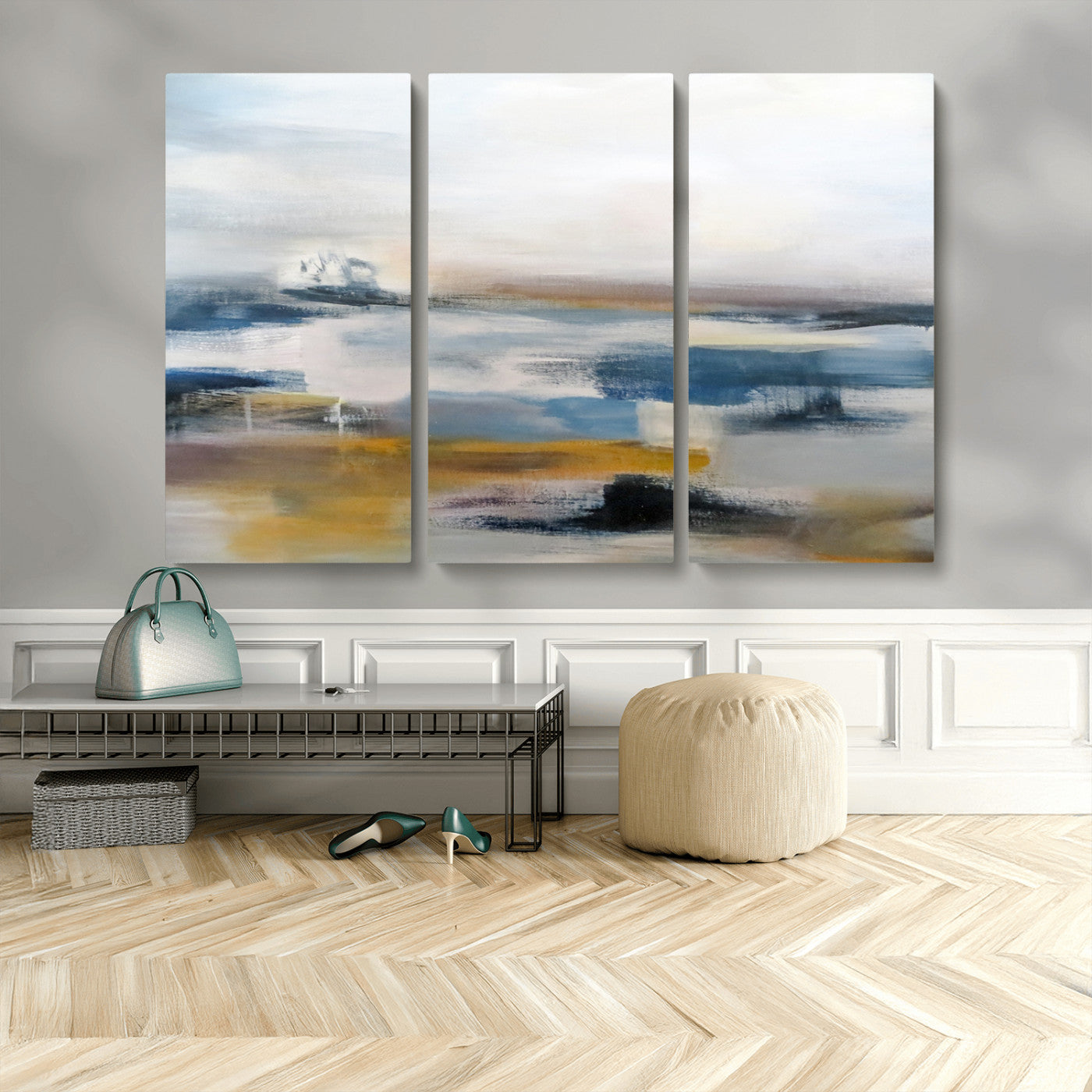 MGV-CV-48X32-3P - Abstract Landscape Wall Art Canvas | 3 Panel Modern Blue, Gold, and White Canvas Art for Living