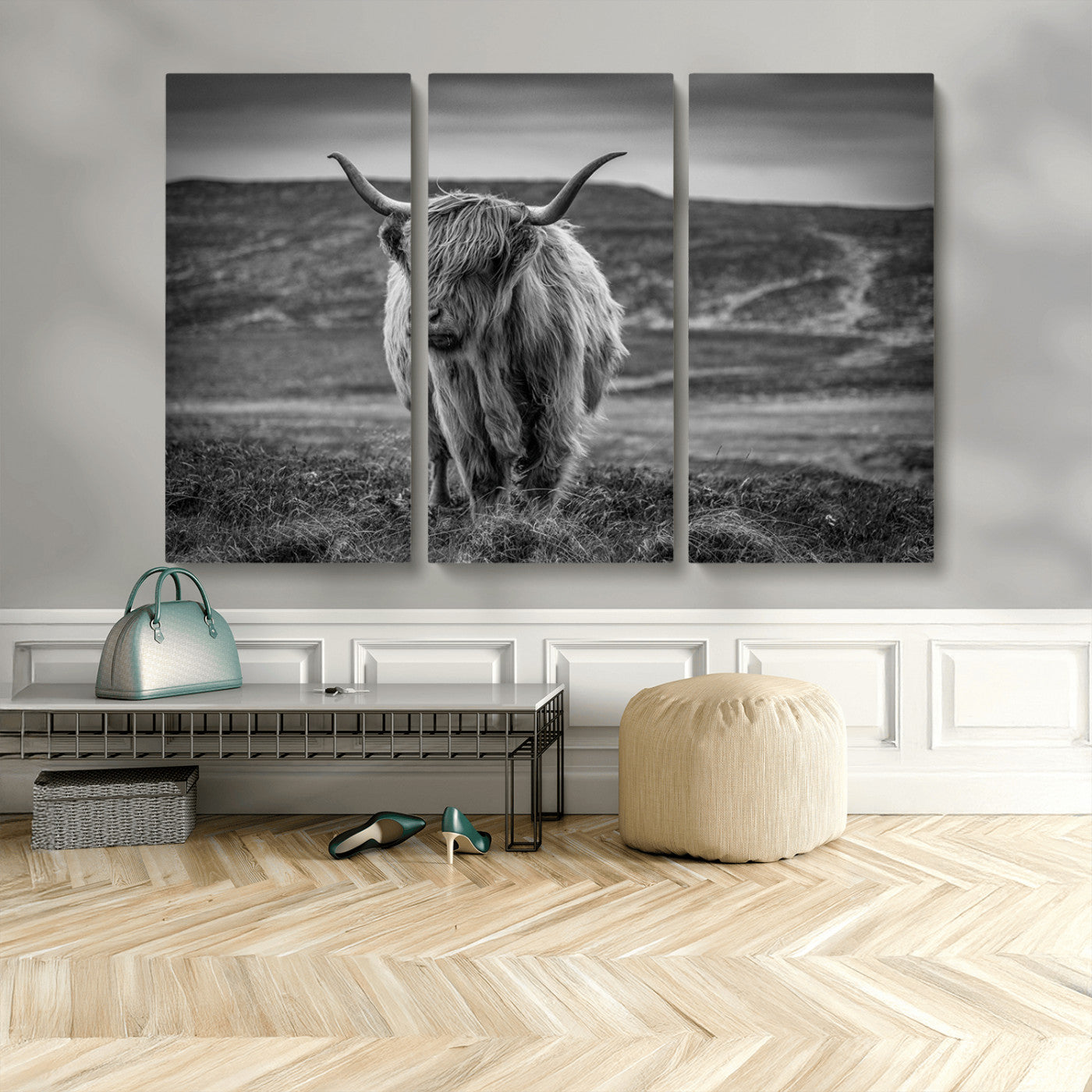 MGV-CV-48X32-3P - Fluffy Cattle Wall Art Print, Highland Cow Canvas, Framed Black and white Wall Art