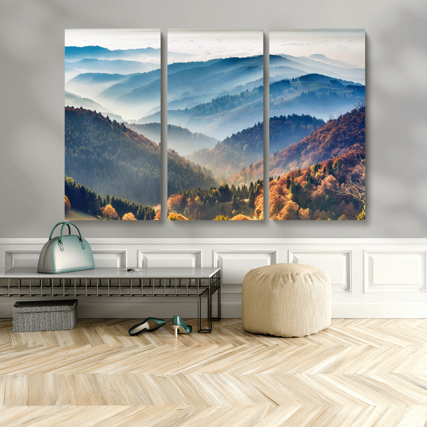 MGV-CV-48X32-3P - Misty Mountain Sunrise Triptych Canvas Print – Autumn Landscape Wall Art – Scenic Nature Decor –