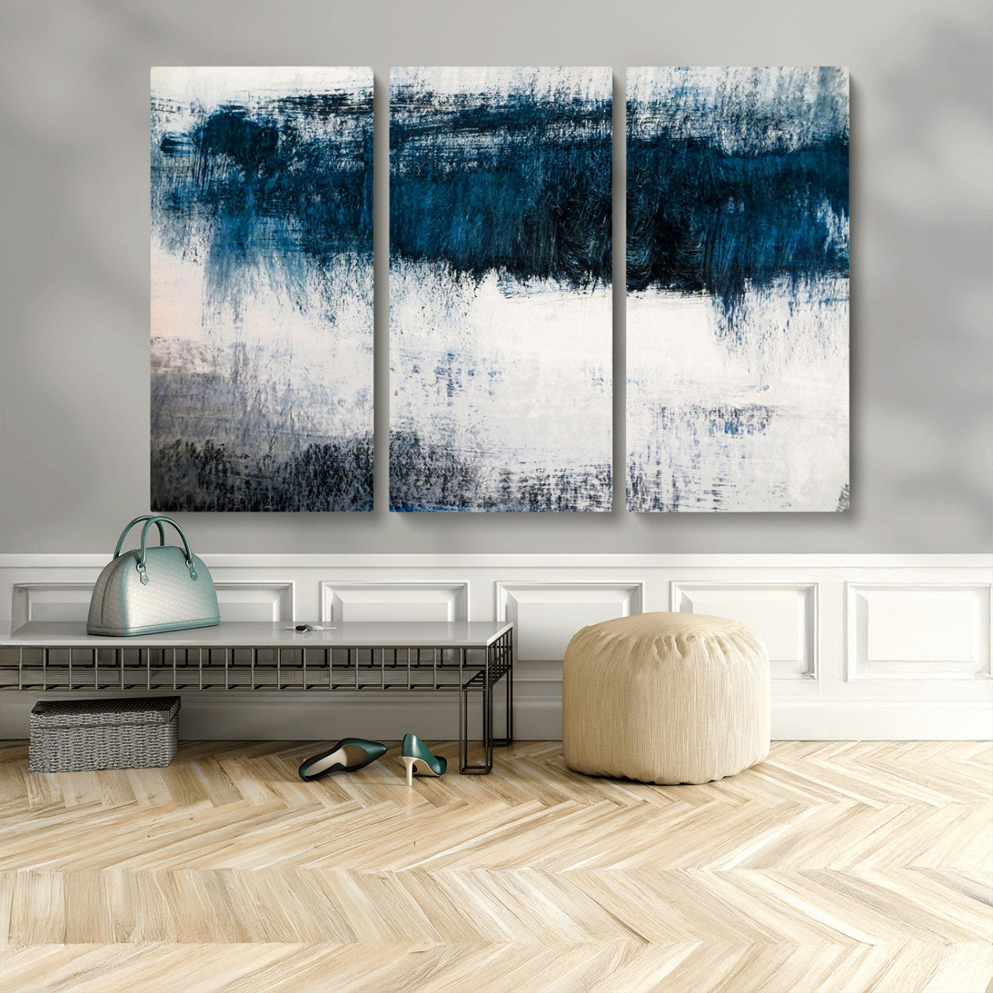 MGV-CV-48X32-3P - Abstract Blue and White Canvas Art | Large Wall Art for Modern Living Room Decor | Minimalist