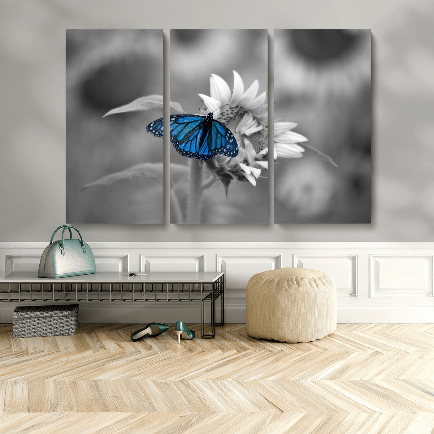 MGV-CV-48X32-3P - Blue Butterfly Black and White Canvas Wall Art
