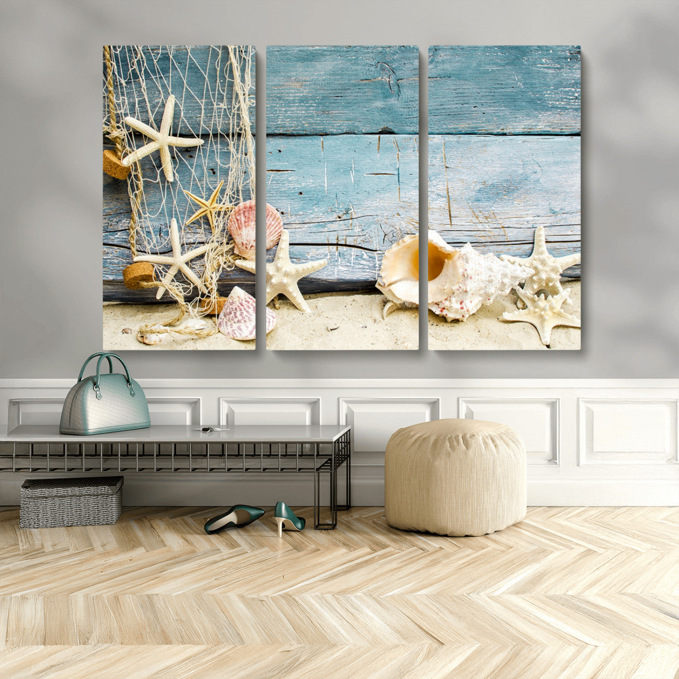 MGV-CV-48X32-3P - Seashells on Rustic Wooden Background, Seashells Wall Art Canvas Print