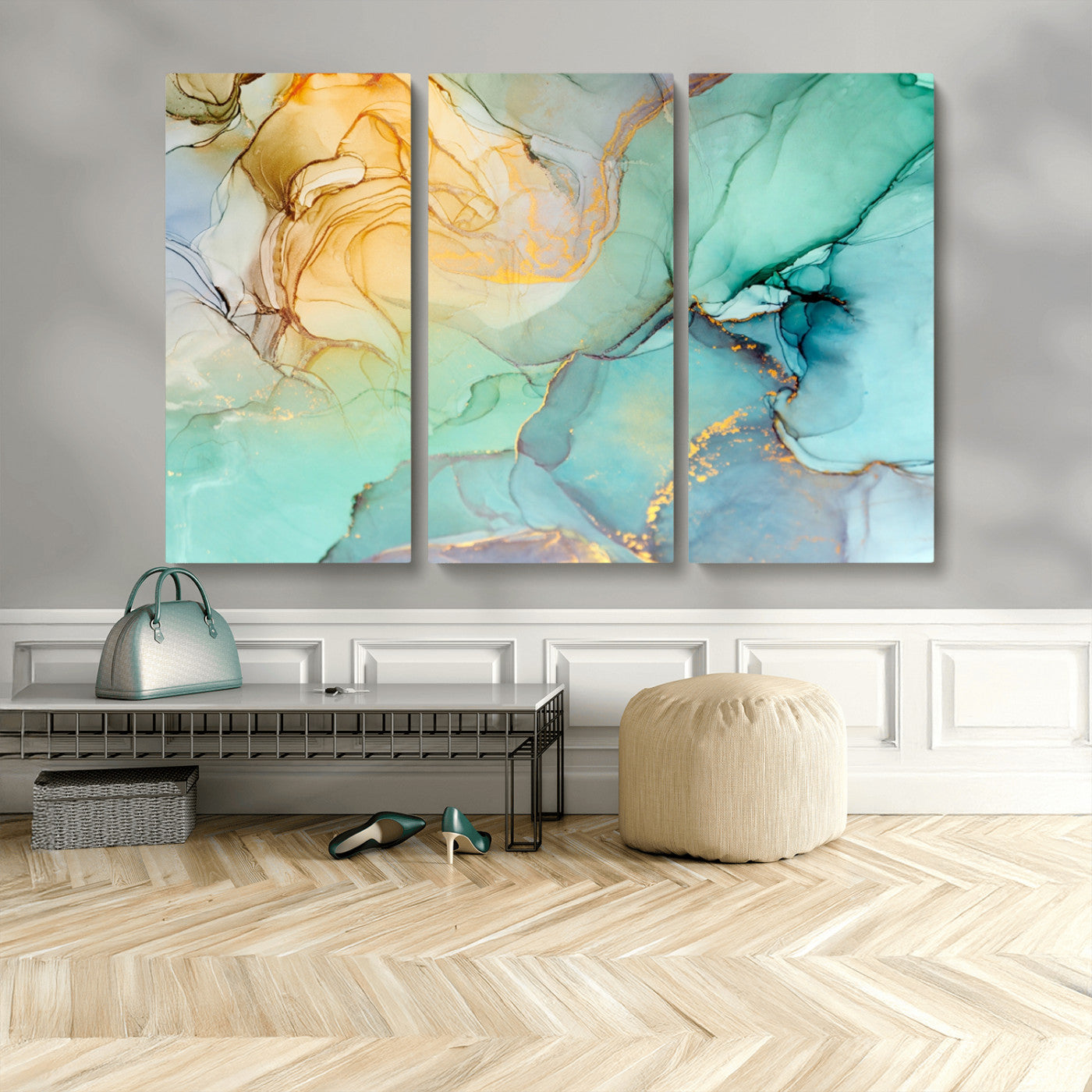 MGV-CV-48X32-3P - Abstract Aqua and Gold Fluid Wall Art Canvas | 3 Panel Large Canvas Print for Living Room, Office,