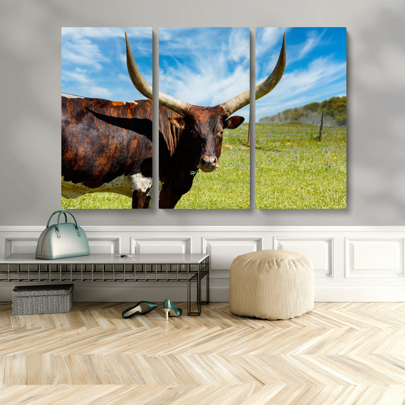 MGV-CV-48X32-3P - Longhorn and Cow Wall Art, Country Cow Wall Decor Canvas Print