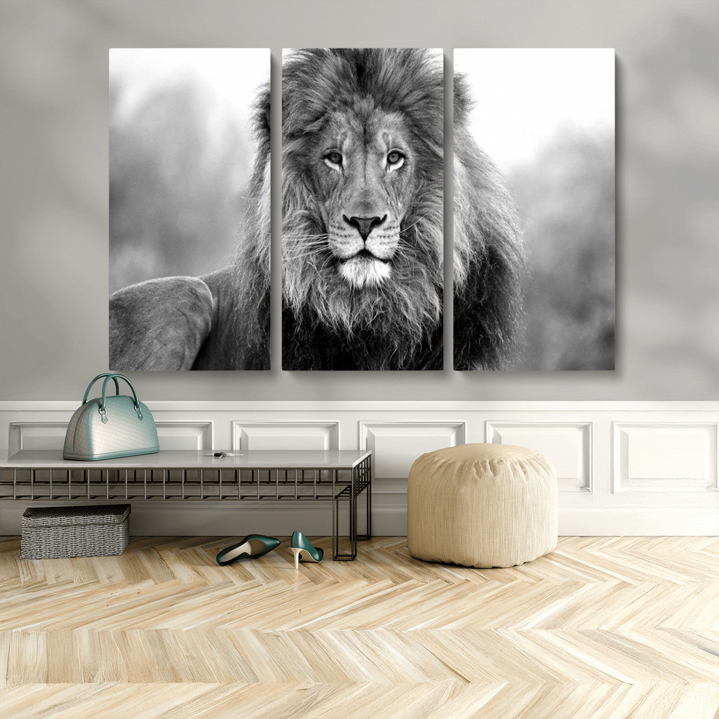 MGV-CV-48X32-3P - Black and White Lion Canvas Wall Art Animal Print