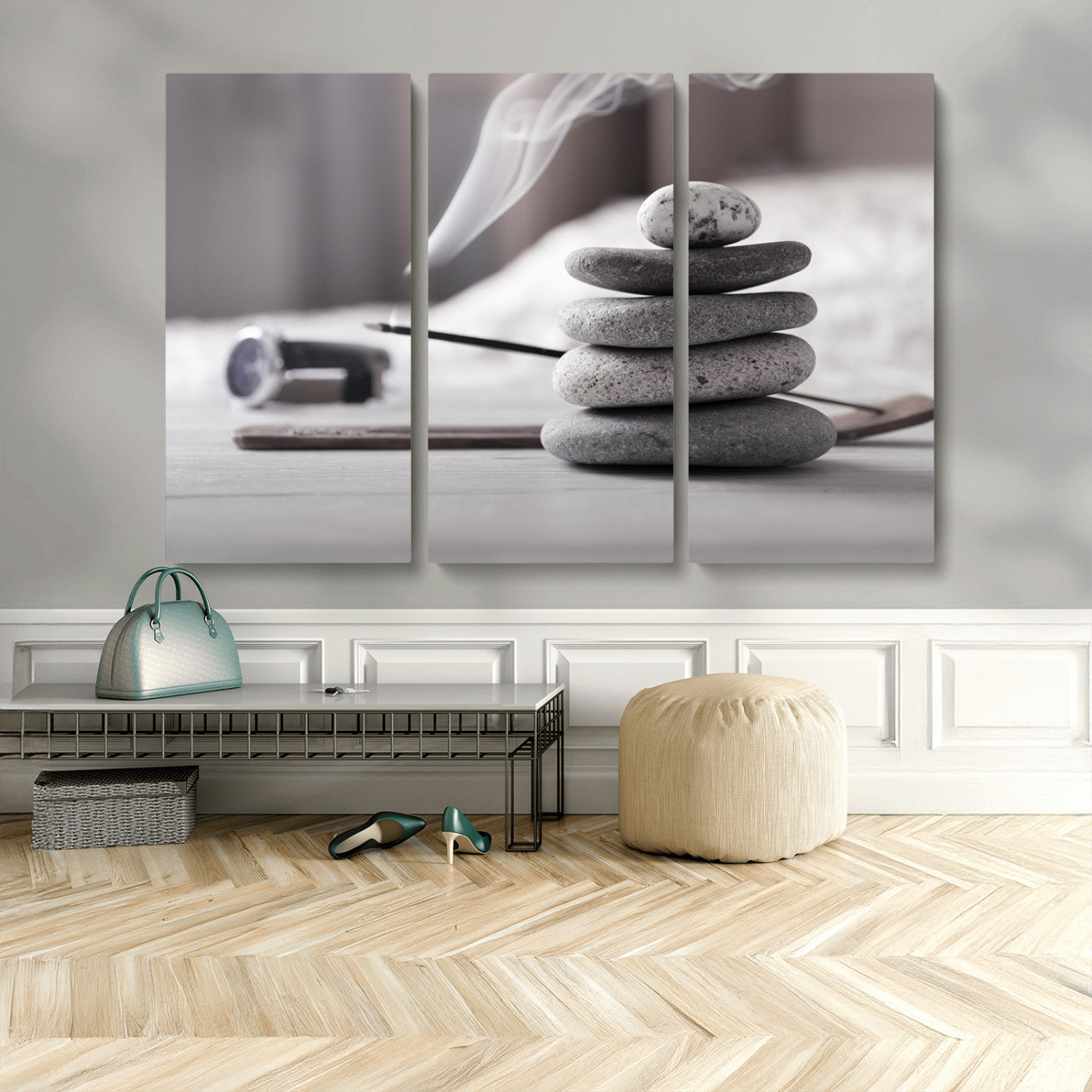 MGV-CV-48X32-3P - Burning Incense and Zen Stones Buddhism Wall Art, Zen Stones Wall Art Canvas Print