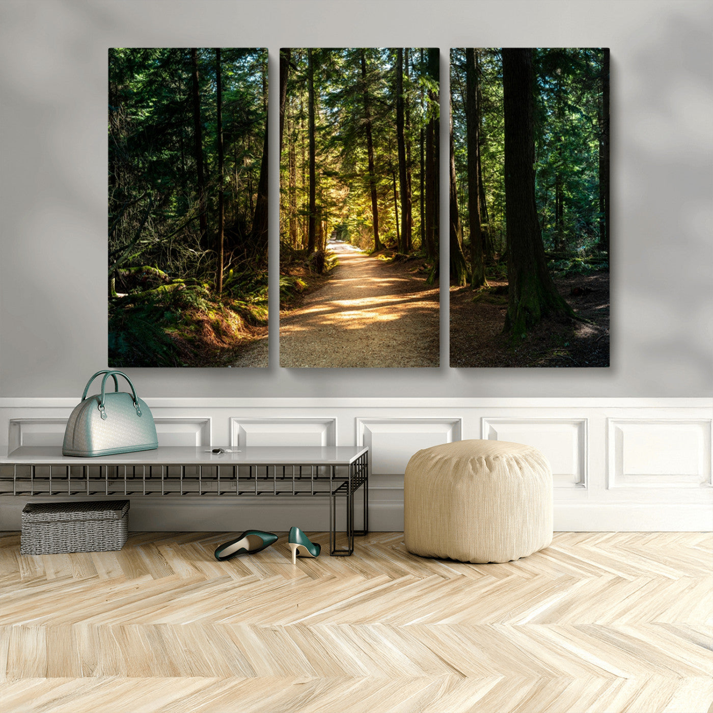 MGV-CV-48X32-3P - Sunlit Forest Pathway Canvas Print | 3 Panel Large Nature Wall Art for Living Room, Office, or