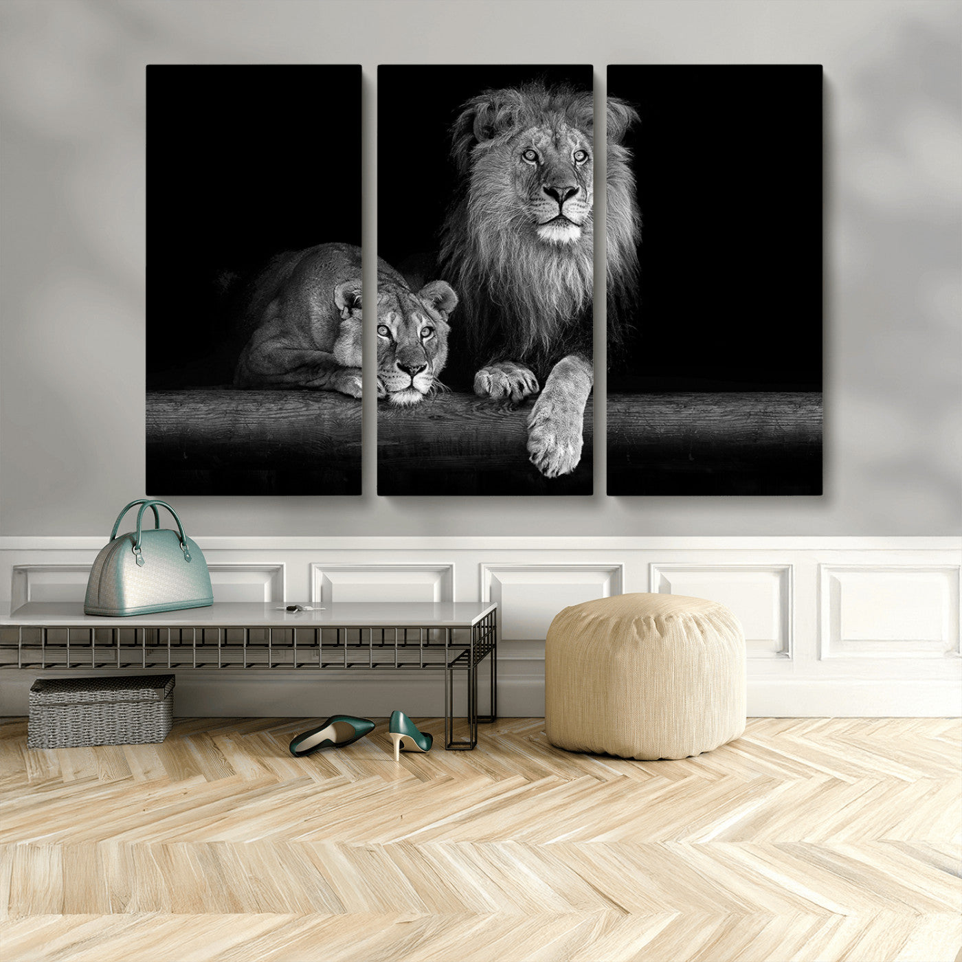 MGV-CV-48X32-3P - Large Black and White Lion Couple Wall Art Canvas Print