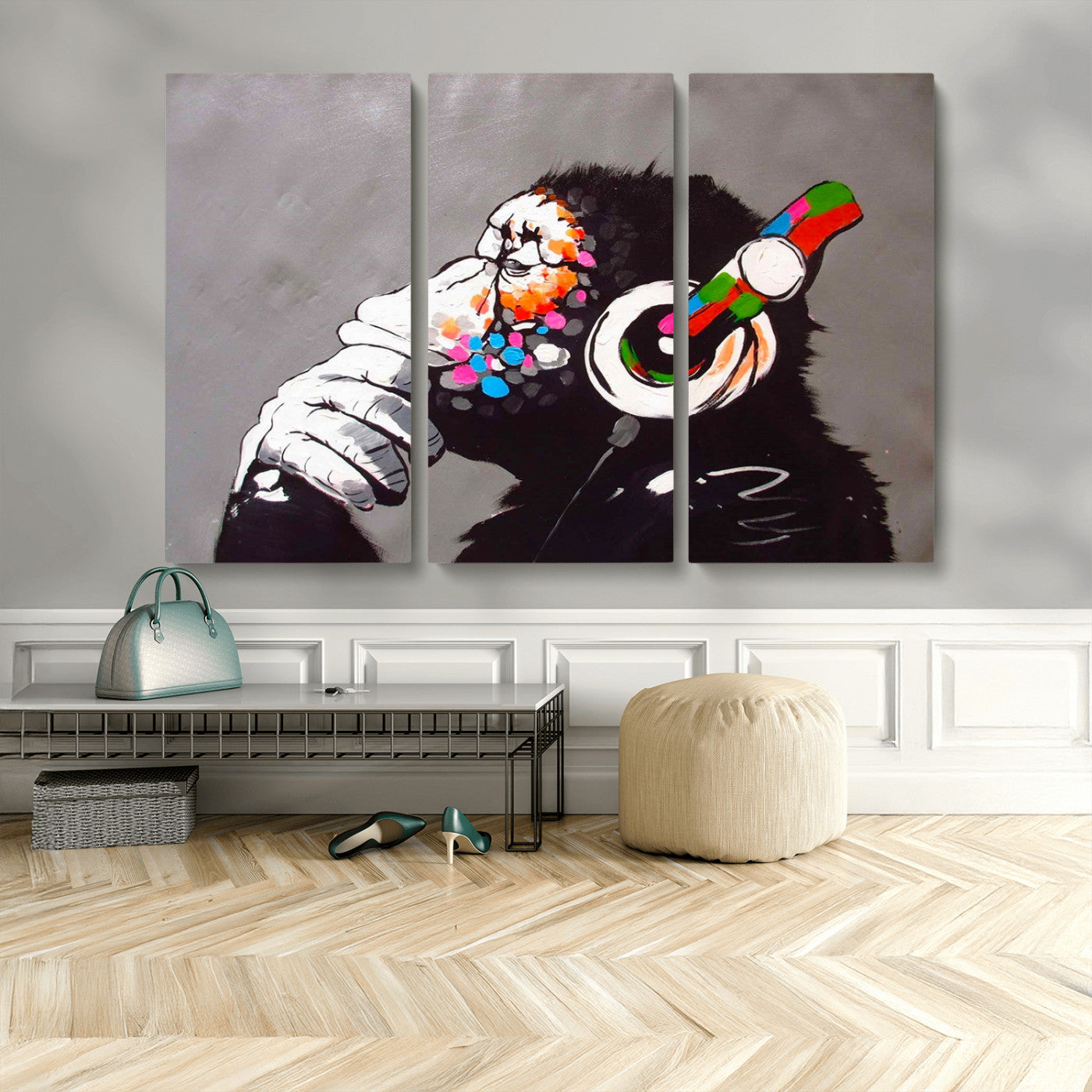 MGV-CV-48X32-3P - Dj Monkey Listening to Music Wall Art Print | Banksy Monkey Large Canvas Print for Living Room,