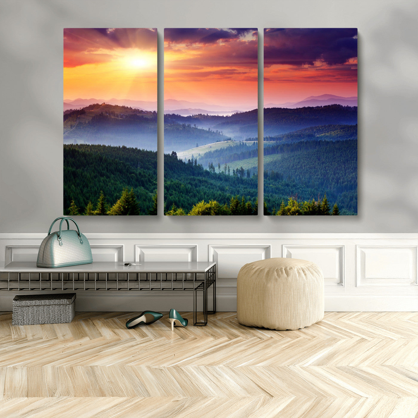 MGV-CV-48X32-3P - Beautiful Sunset over Hills Forest Landscape Canvas Wall Art Print