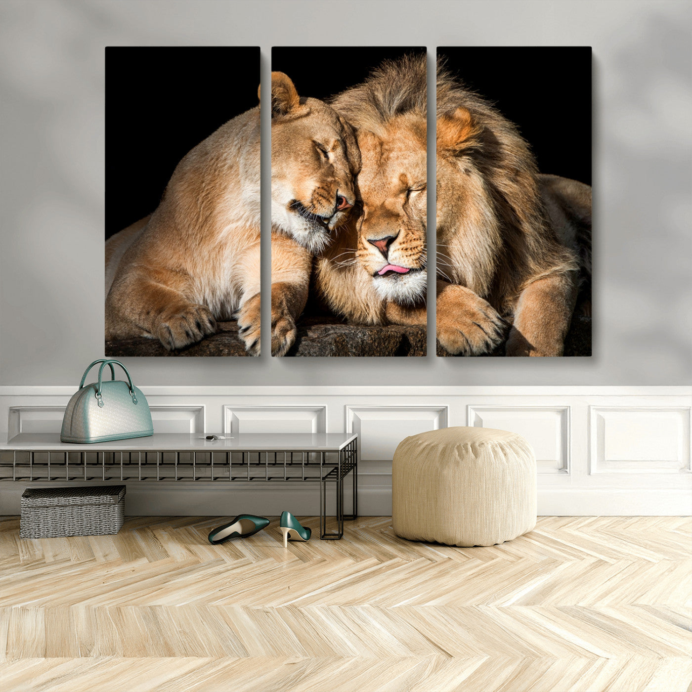 MGV-CV-48X32-3P - Lion and Lioness Wall Art Print Canvas | 3-Panel African Wildlife Canvas Print | Animal-Themed Art
