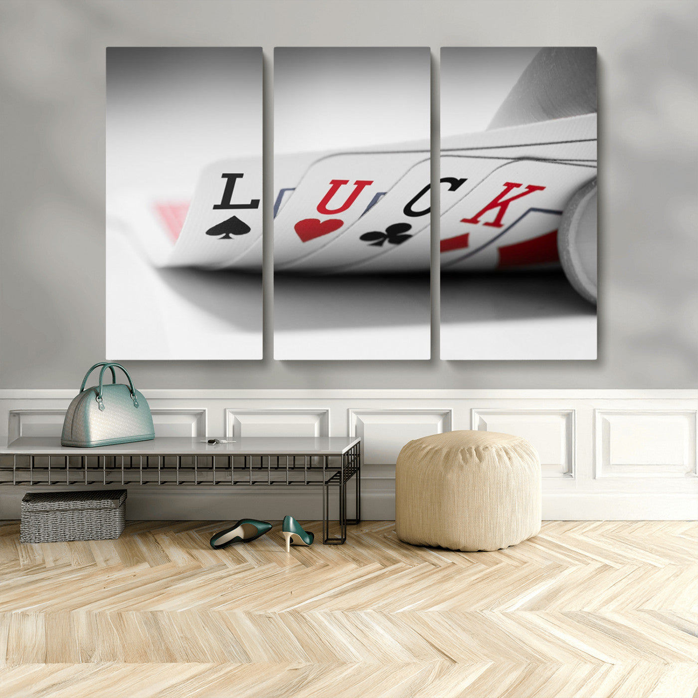 MGV-CV-48X32-3P - Framed Luck Poker Cards Canvas – Modern Triptych Wall Art, Ready to Hang for Game Rooms