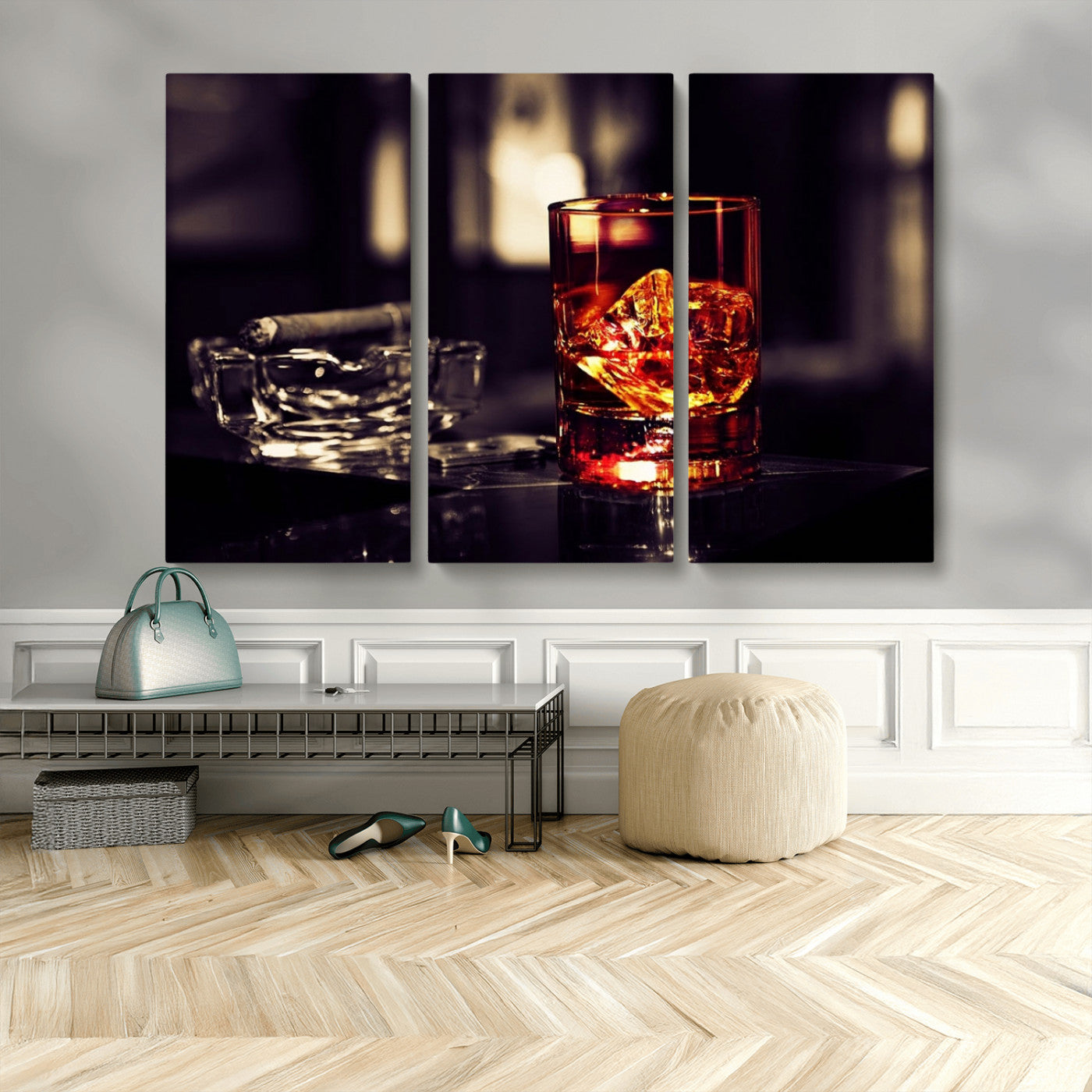 MGV-CV-48X32-3P - Whiskey and Cigar Canvas – Luxurious Wall Art for Home or Bar – Glass and Cigar Scene Print Canvas