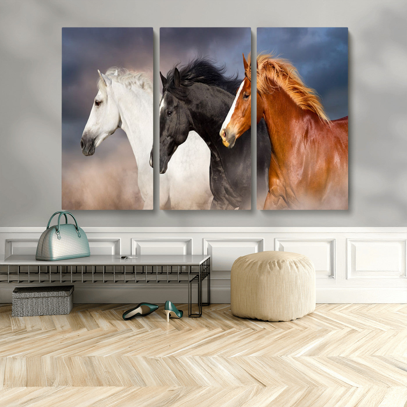 MGV-CV-48X32-3P - Animal Wall Art Three Horses Farmhouse Art Canvas, Framed Three Horses Canvas Print