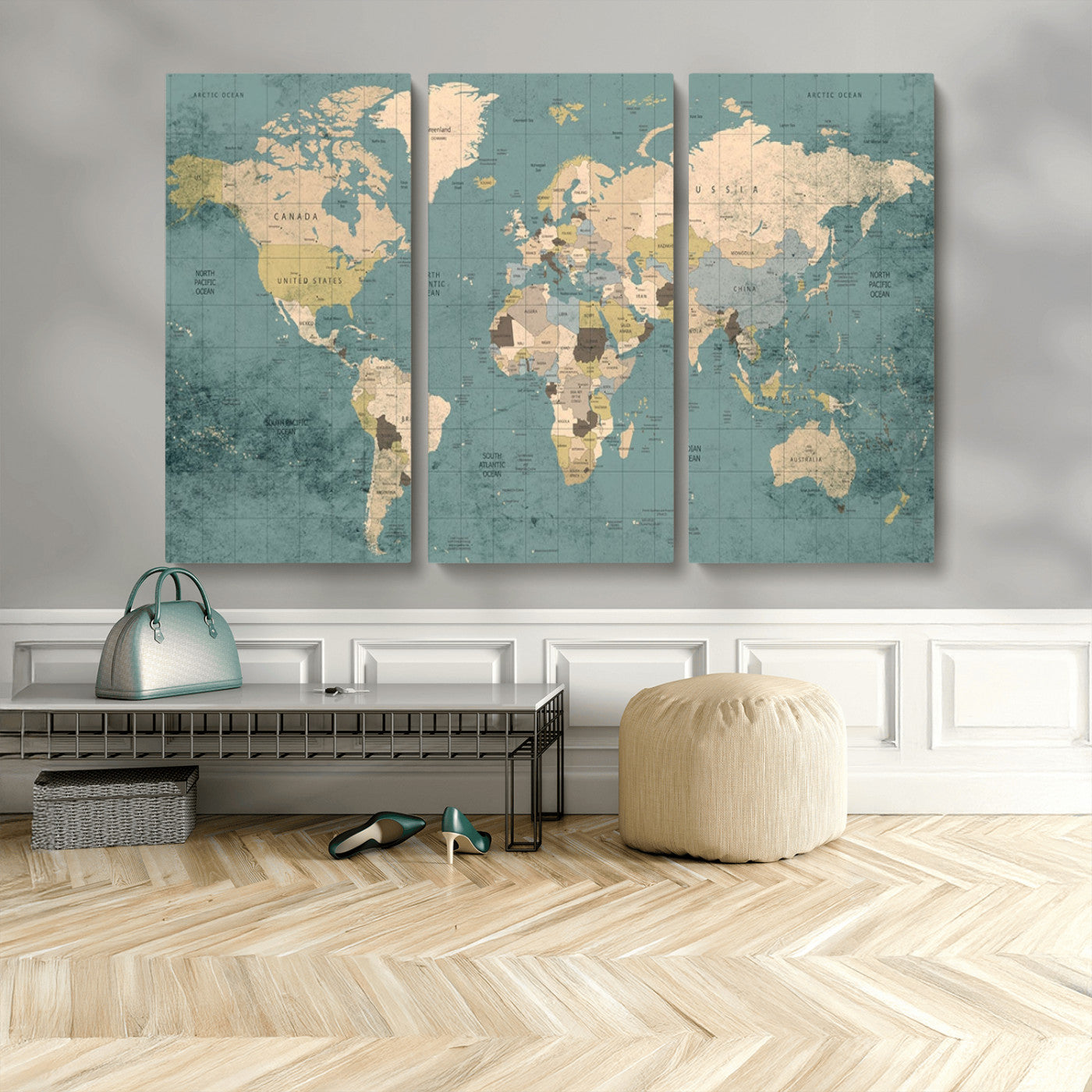 MGV-CV-48X32-3P - Classic World Map Wall Art Canvas Print, Framed Retro Map Art Picture Print, Vintage Atlas Perfect Rustic Explorer Decor Artwork