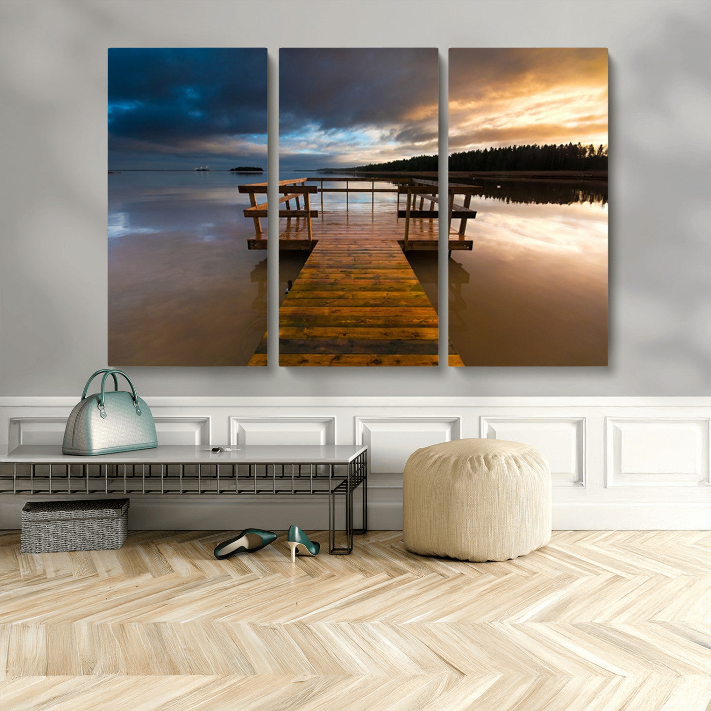 MGV-CV-48X32-3P - Serene Lake Pier at Sunset Canvas Print | Landscape Canvas Print | Ready to Hang and Framed Wall Art