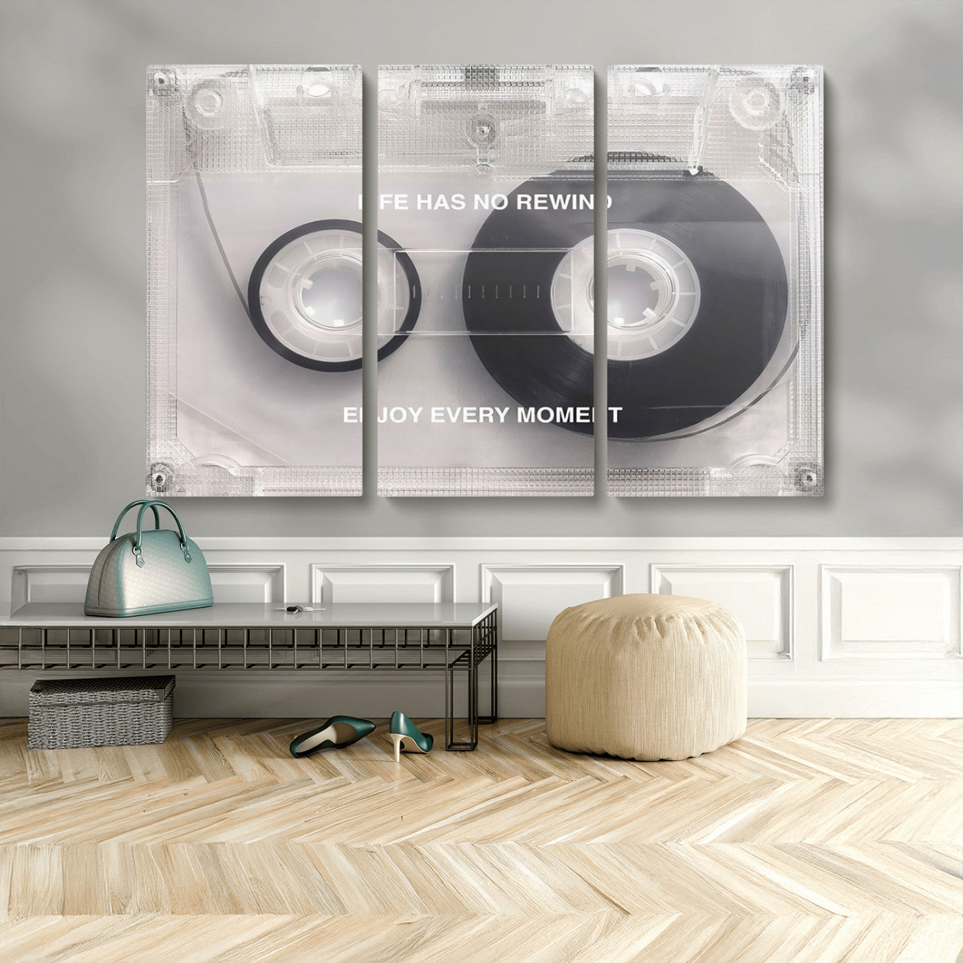 MGV-CV-48X32-3P - Vintage Cassette Tape Canvas Wall Art - Inspirational 'Life Has No Rewind' Quote, Retro Music Decor