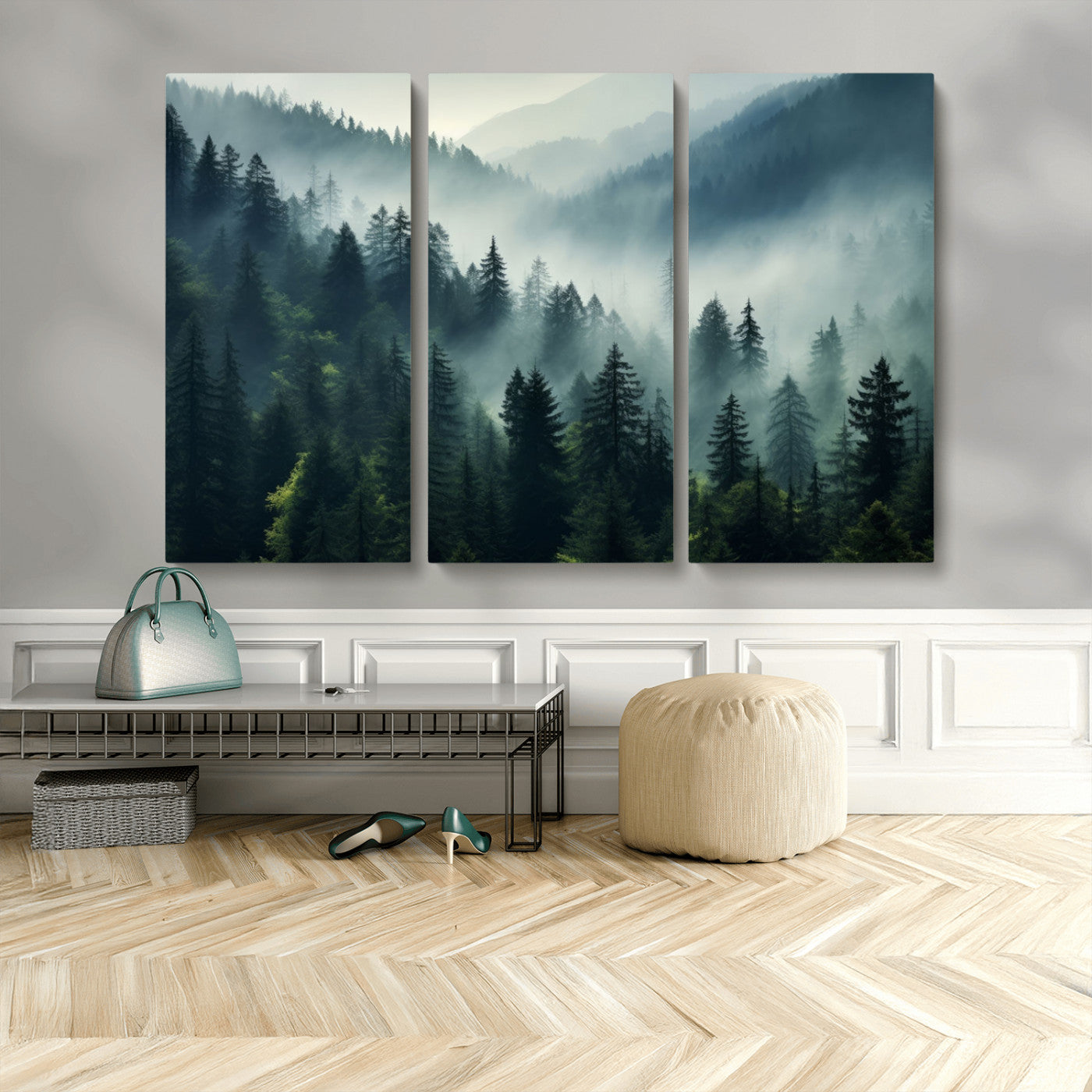 MGV-CV-48X32-3P - Captivating Misty Forest Wall Art Premium Canvas Print a Foggy and Serene Atmosphere Art