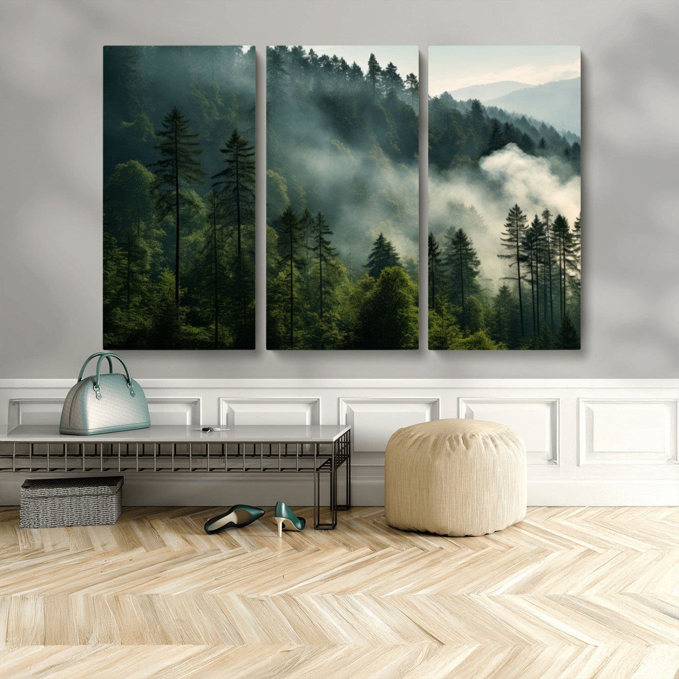 MGV-CV-48X32-3P - Misty Forest Wall Art Premium Canvas Print a Foggy and Serene Atmosphere