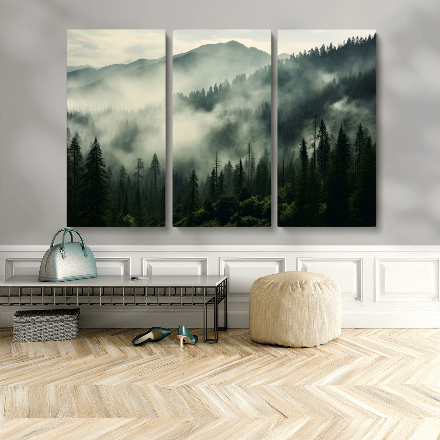 MGV-CV-48X32-3P - Captivating Misty Forest Wall Art Premium Canvas Print a Foggy and Serene Atmosphere