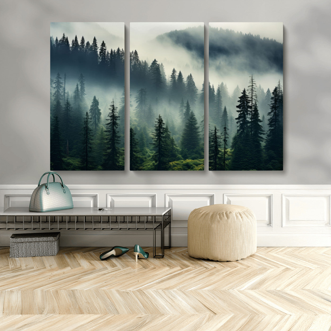 MGV-CV-48X32-3P - Captivating Misty Forest Wall Art Premium Canvas Print a Foggy and Serene Atmosphere