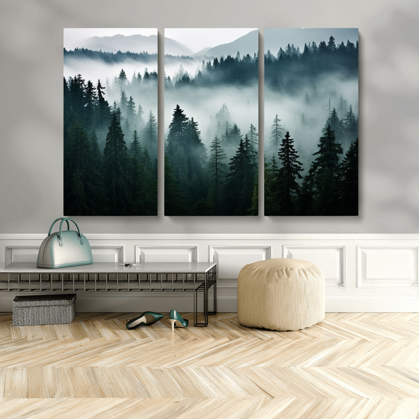 MGV-CV-48X32-3P - Captivating Misty Forest Wall Art Canvas, Premium Canvas Print a Foggy and Serene Atmosphere
