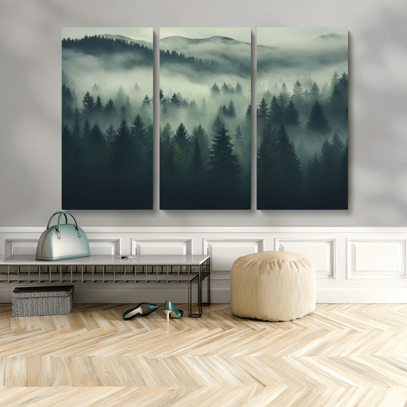 MGV-CV-48X32-3P - Misty Forest Wall Art Premium Canvas Print a Foggy and Serene Atmosphere