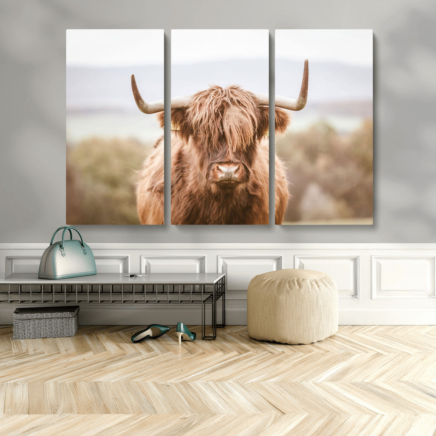 MGV-CV-48X32-3P - Scottish Serene Highland Cow Canvas Wall Art – Serene Highland Cow in Natural Pastel Tones – Ready