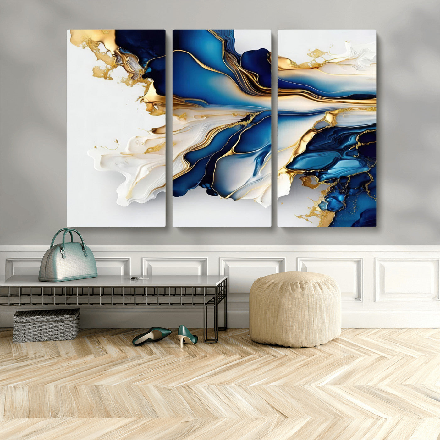 MGV-CV-48X32-3P - Gold Marble Art - Abstract Geode Gold And Blue Marble Shape 3 Pieces Wall Art Canvas Print